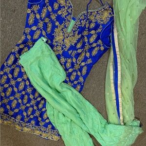 Blue and Gold Embroidered Dress with Green Scarf